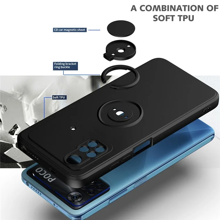 Schutzhülle für Xiaomi Poco M4 Pro 4G Ring Kickstand TPU-Abdeckung Stoßfest Gummiertes Handyhülle - Schwarz