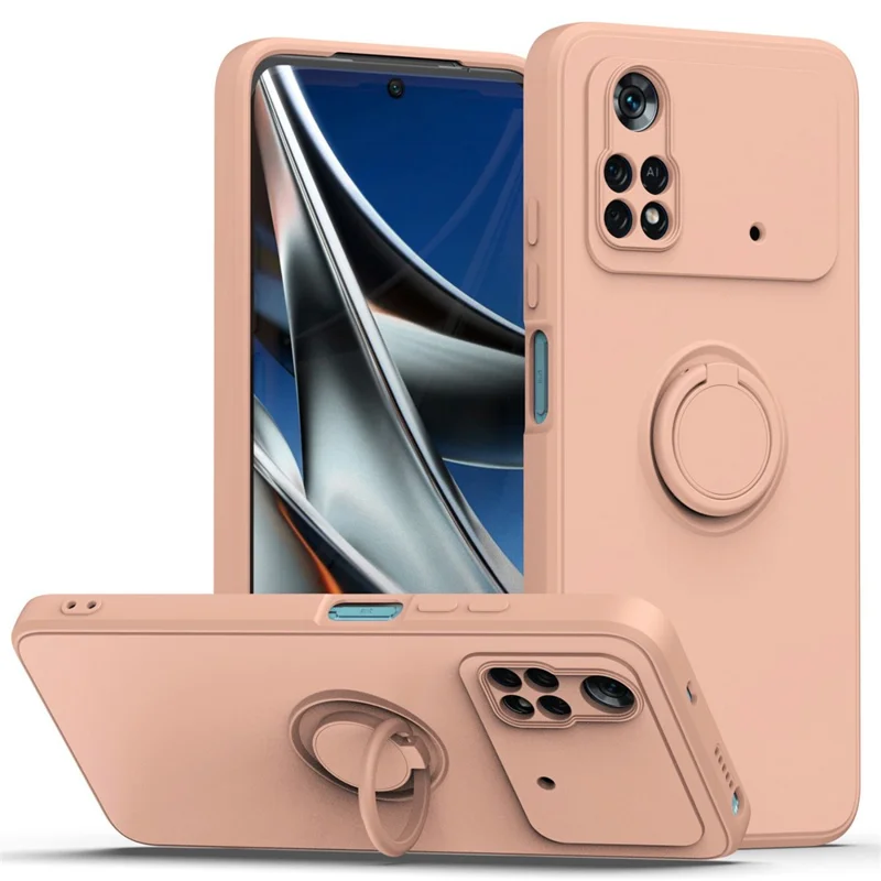 Protective Case for Xiaomi Poco M4 Pro 4G Ring Kickstand TPU Cover Shockproof Rubberized Phone Shell - Pink