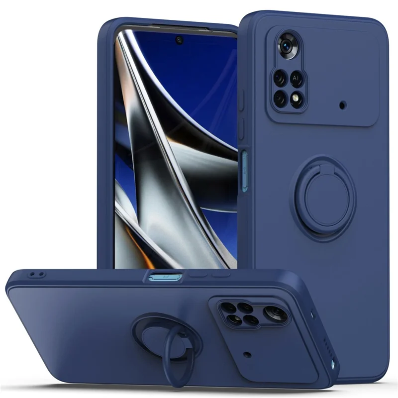 Protective Case for Xiaomi Poco M4 Pro 4G Ring Kickstand TPU Cover Shockproof Rubberized Phone Shell - Sapphire