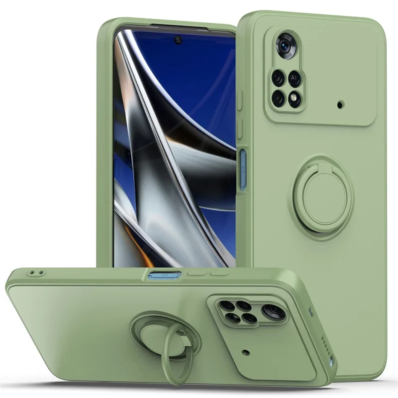 Protective Case for Xiaomi Poco M4 Pro 4G Ring Kickstand TPU Cover Shockproof Rubberized Phone Shell - Mint Green