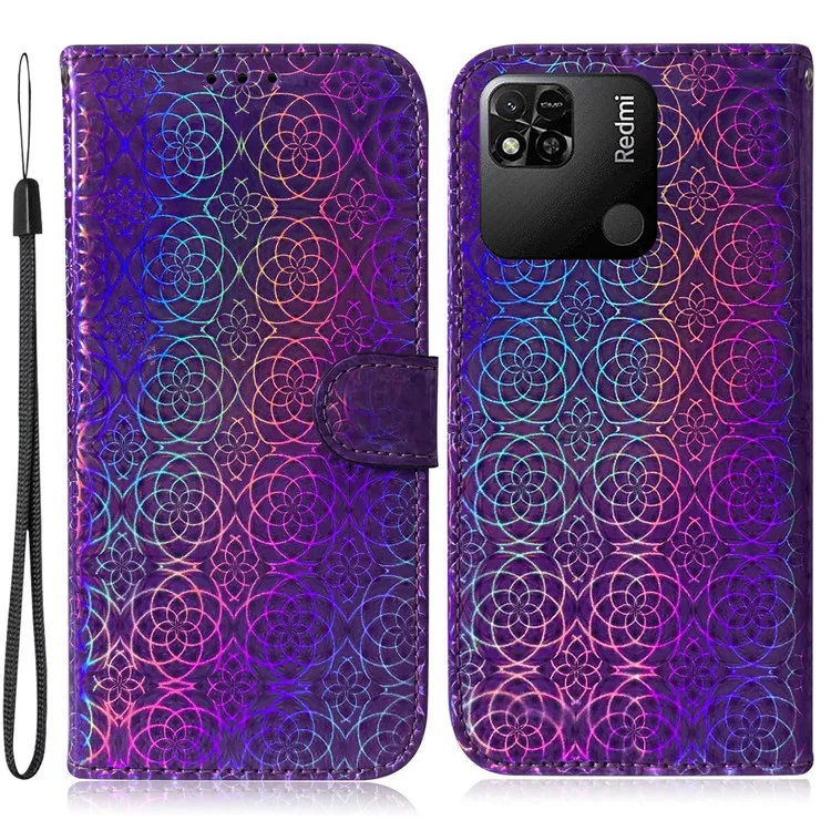 Pour Xiaomi Redmi 10A Coque de protection pour téléphone anti-chocs Motif fleur scintillante Coque de protection en cuir magnétique résistante à l'usure avec support portefeuille - Violet