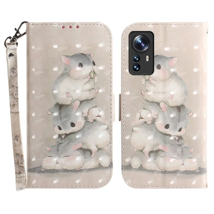 For Xiaomi 12 5G/12X 5G/12S 5G Flip PU Leather Book Wallet Case 3D Pattern Printing Magnetic Closure Stand Phone Cover with Strap - Stacking Squirrels