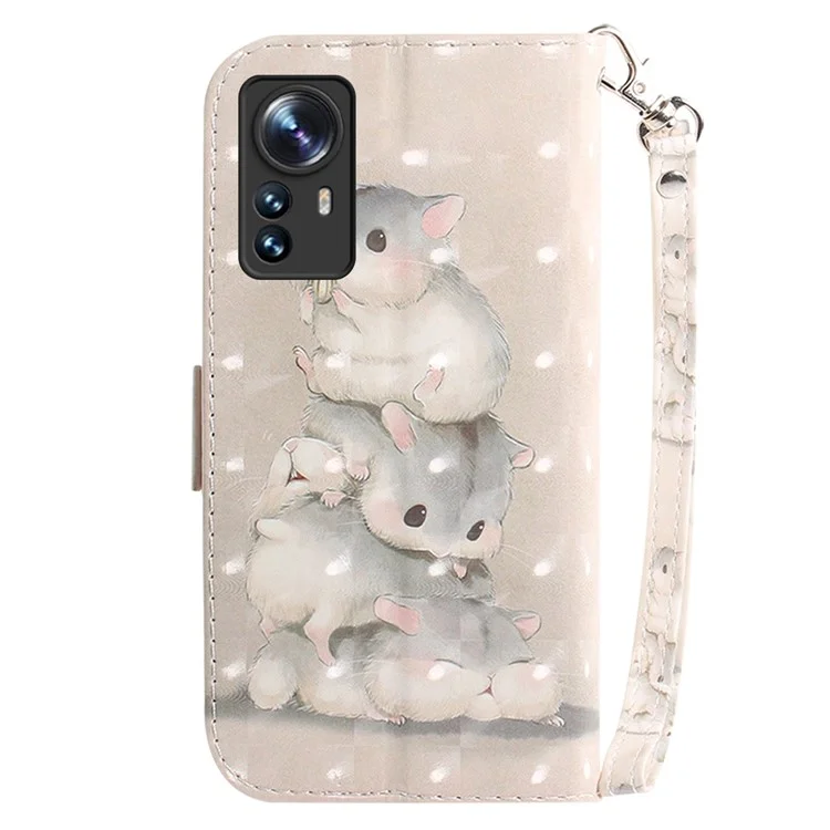For Xiaomi 12 5G/12X 5G/12S 5G Flip PU Leather Book Wallet Case 3D Pattern Printing Magnetic Closure Stand Phone Cover with Strap - Stacking Squirrels