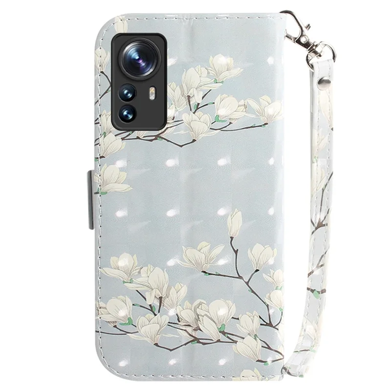 For Xiaomi 12 5G/12X 5G/12S 5G Flip PU Leather Book Wallet Case 3D Pattern Printing Magnetic Closure Stand Phone Cover with Strap - Magnolia