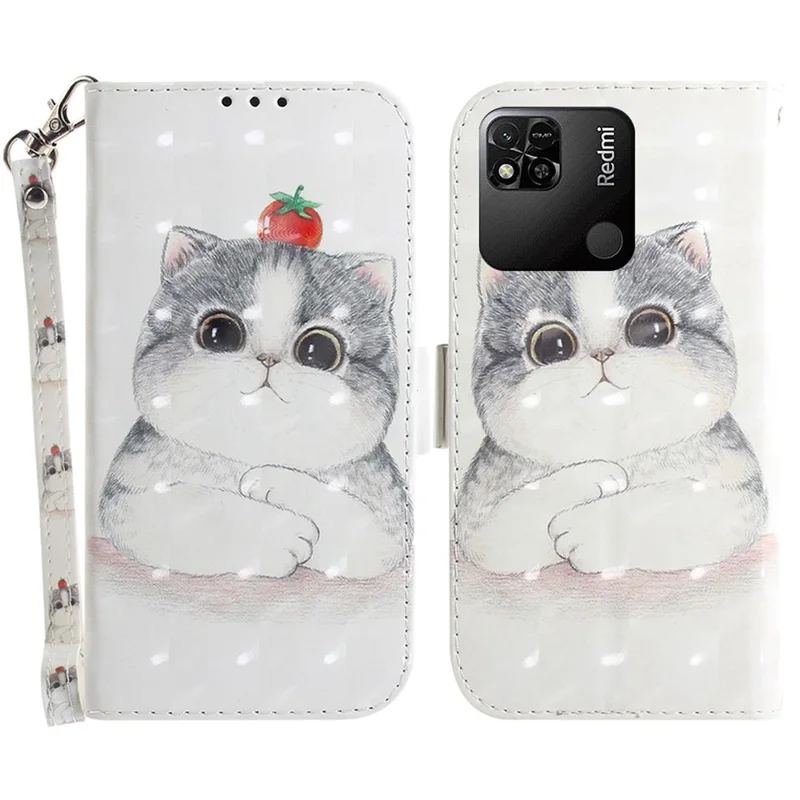For Xiaomi Redmi 10A 3D Pattern Printing Leather Folio Cover Stand Wallet Shockproof TPU Magnetic Closure Case with Strap - Cute Cat