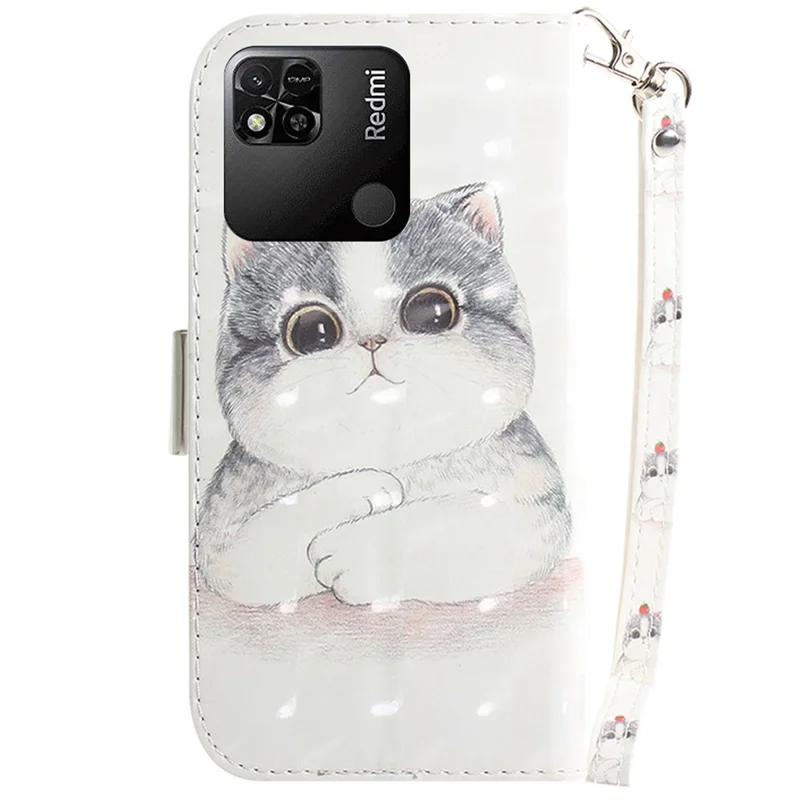 For Xiaomi Redmi 10A 3D Pattern Printing Leather Folio Cover Stand Wallet Shockproof TPU Magnetic Closure Case with Strap - Cute Cat