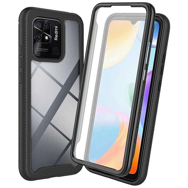 PC + TPU Hybrid Case for Xiaomi Redmi 10C 4G, Full Covering Wear-Resistant 3-in-1 Mobile Phone Shell with PET Screen Protector - Black