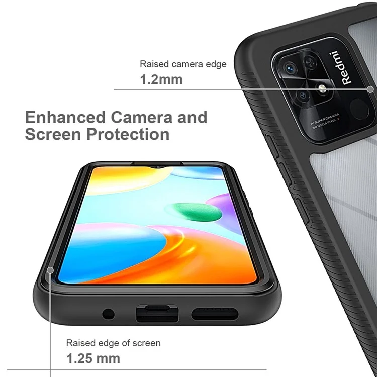 PC + TPU Hybrid Case for Xiaomi Redmi 10C 4G, Full Covering Wear-Resistant 3-in-1 Mobile Phone Shell with PET Screen Protector - Black