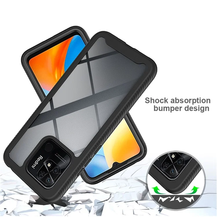 PC + TPU Hybrid Case for Xiaomi Redmi 10C 4G, Full Covering Wear-Resistant 3-in-1 Mobile Phone Shell with PET Screen Protector - Black