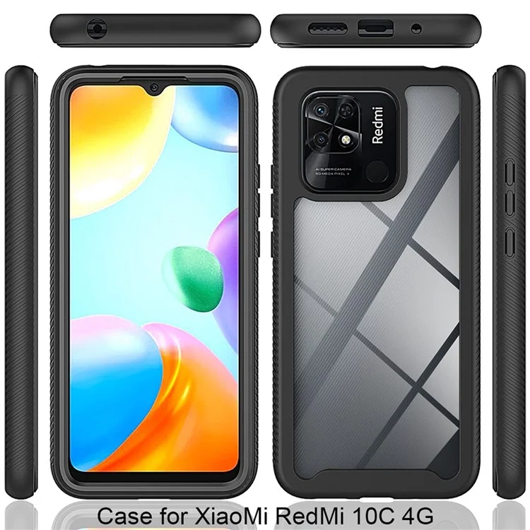 PC + TPU Hybrid Case for Xiaomi Redmi 10C 4G, Full Covering Wear-Resistant 3-in-1 Mobile Phone Shell with PET Screen Protector - Black