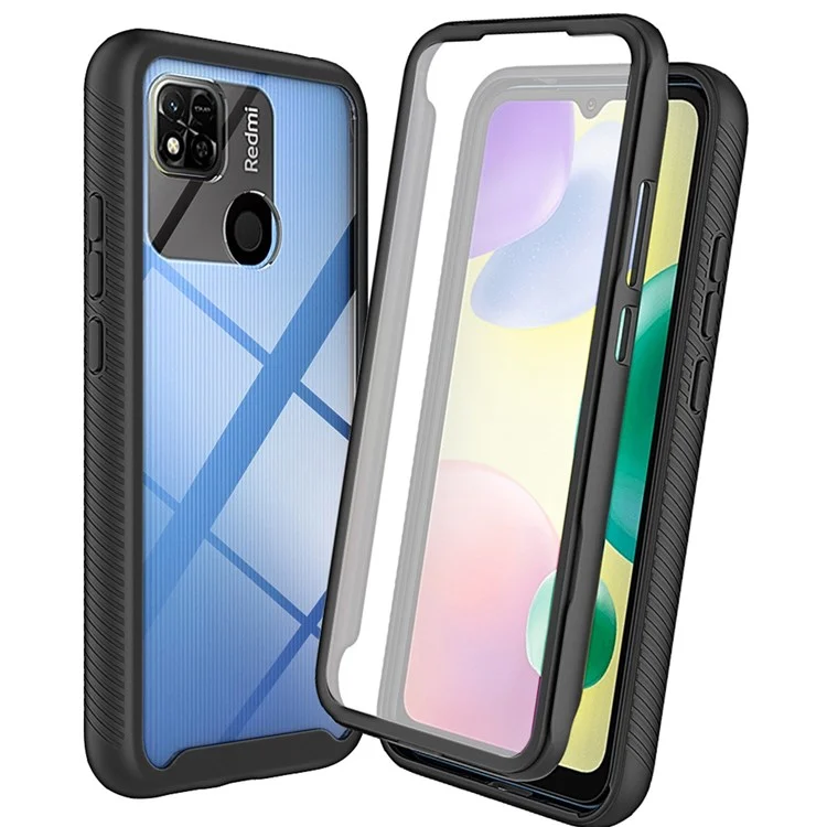 PC + TPU Hybrid Case for Xiaomi Redmi 9C/9C NFC/10A, Full Coverage 3-in-1 Shockproof Phone Shell with PET Screen Protector - Black