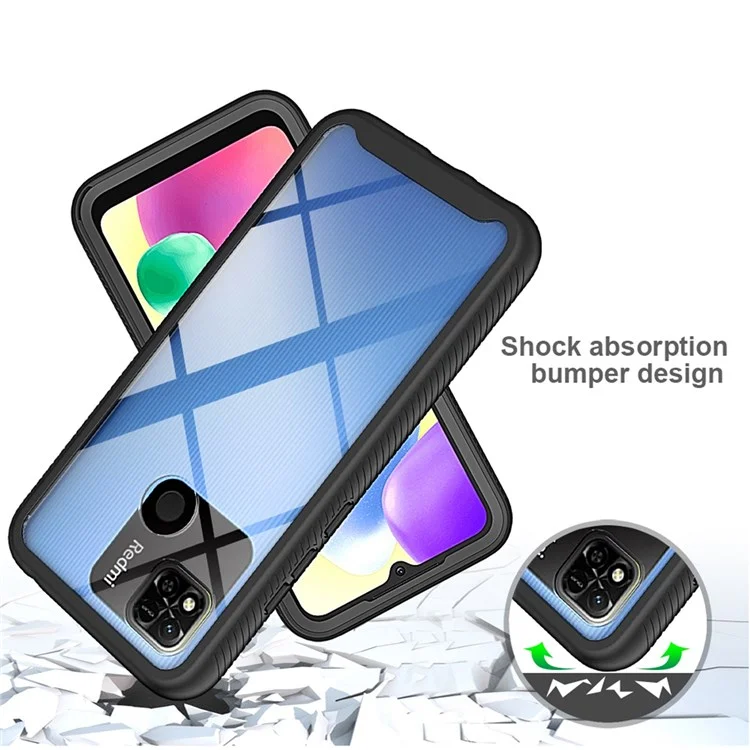 PC + TPU Hybrid Case for Xiaomi Redmi 9C/9C NFC/10A, Full Coverage 3-in-1 Shockproof Phone Shell with PET Screen Protector - Black
