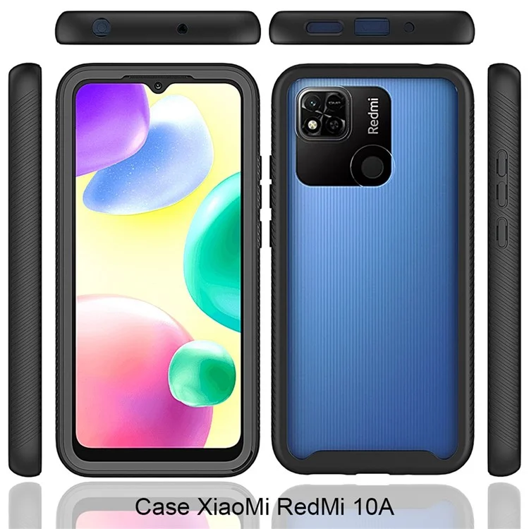 PC + TPU Hybrid Case for Xiaomi Redmi 9C/9C NFC/10A, Full Coverage 3-in-1 Shockproof Phone Shell with PET Screen Protector - Black