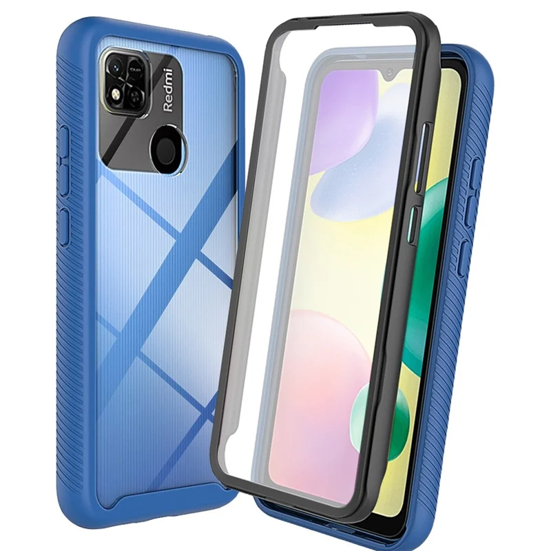 غطاء هجين من البولي كربونات وTPU لهاتف Xiaomi Redmi 9C/9C NFC/10A، غطاء واقي ثلاثي الطبقات مقاوم للصدمات مع واقي شاشة من مادة PET - أزرق داكن