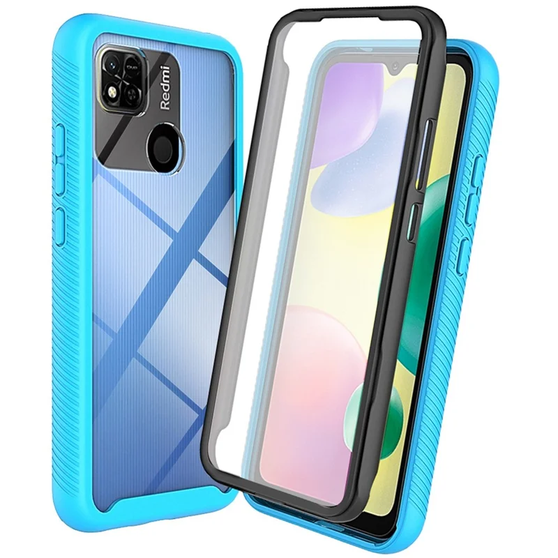 PC + TPU Hybrid Case for Xiaomi Redmi 9C/9C NFC/10A, Full Coverage 3-in-1 Shockproof Phone Shell with PET Screen Protector - Baby Blue