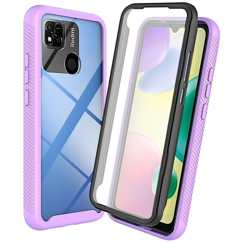 PC + TPU Hybrid Case for Xiaomi Redmi 9C/9C NFC/10A, Full Coverage 3-in-1 Shockproof Phone Shell with PET Screen Protector - Purple