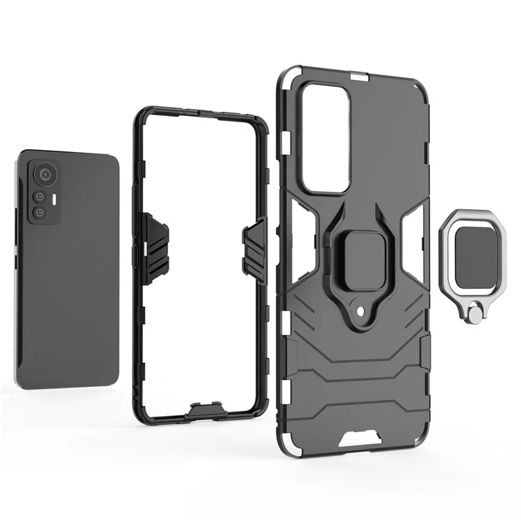 Ring Holder Kickstand Phone Case for Xiaomi 12 Lite 5G, Shockproof Anti-drop Soft TPU + Hard PC Shell - Black