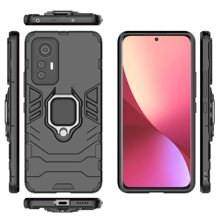 Ring Holder Kickstand Phone Case for Xiaomi 12 Lite 5G, Shockproof Anti-drop Soft TPU + Hard PC Shell - Black