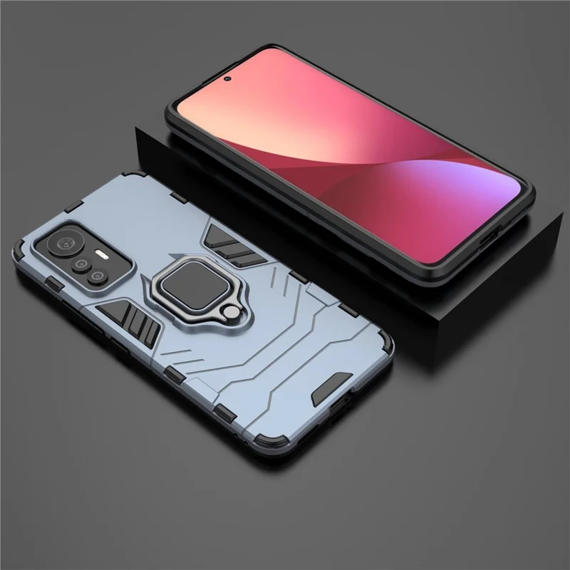 Ring Holder Kickstand Phone Case for Xiaomi 12 Lite 5G, Shockproof Anti-drop Soft TPU + Hard PC Shell - Blue