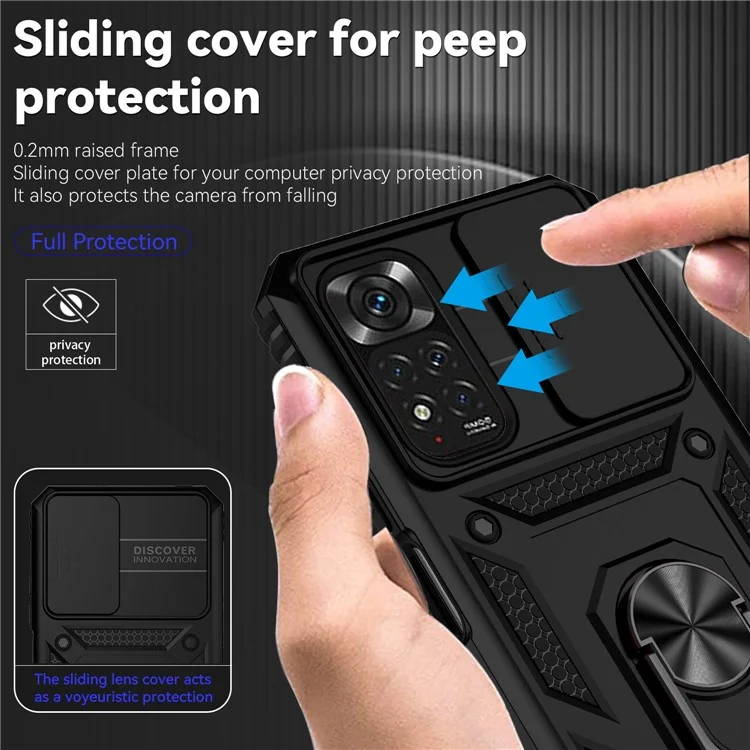 Apto Para Mini Redmi Note 11 4G (Qualcomm) / Redmi Note 11s 4G Chasis De Soporte De Disco Duro PC + Tpu Doble Cubierta De Protección De Teléfonos Móviles Con Tapa De Protección De Cámara Deslizante - Negro