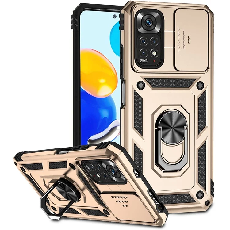 For Xiaomi Redmi Note 11 4G (Qualcomm) / Redmi Note 11S 4G Case PC+TPU Kickstand Phone Cover with Slide Camera Lid - Gold