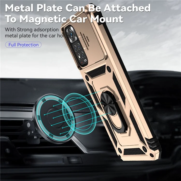 For Xiaomi Redmi Note 11 4G (Qualcomm) / Redmi Note 11S 4G Case PC+TPU Kickstand Phone Cover with Slide Camera Lid - Gold