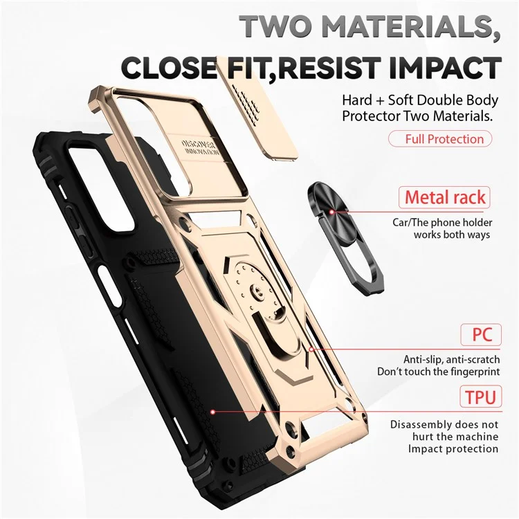 For Xiaomi Redmi Note 11 4G (Qualcomm) / Redmi Note 11S 4G Case PC+TPU Kickstand Phone Cover with Slide Camera Lid - Gold