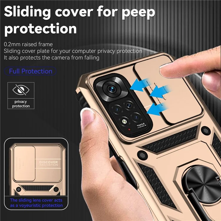 For Xiaomi Redmi Note 11 4G (Qualcomm) / Redmi Note 11S 4G Case PC+TPU Kickstand Phone Cover with Slide Camera Lid - Gold