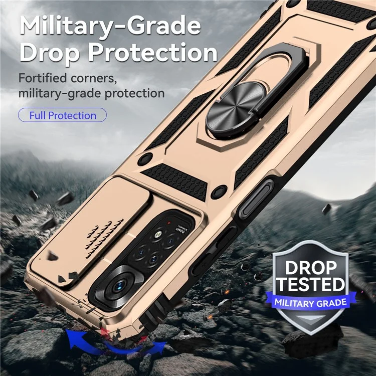 For Xiaomi Redmi Note 11 4G (Qualcomm) / Redmi Note 11S 4G Case PC+TPU Kickstand Phone Cover with Slide Camera Lid - Gold