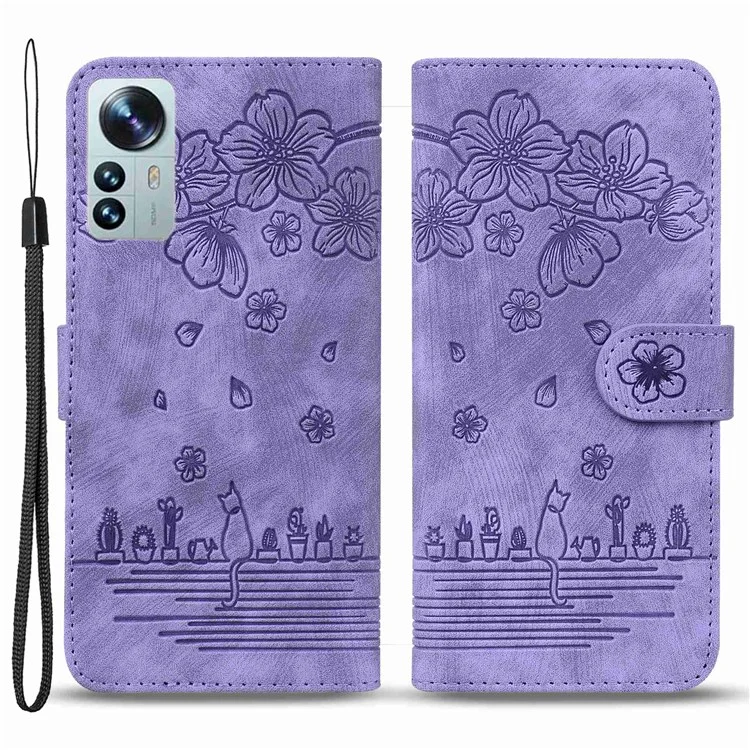 Para Xiaomi 12 5G/12X 5G/12S 5G Cherry Blossom Cat Imprinted Wallet Style Leather Adjustable Stand Design Cell Phone Case with Strap - Morado