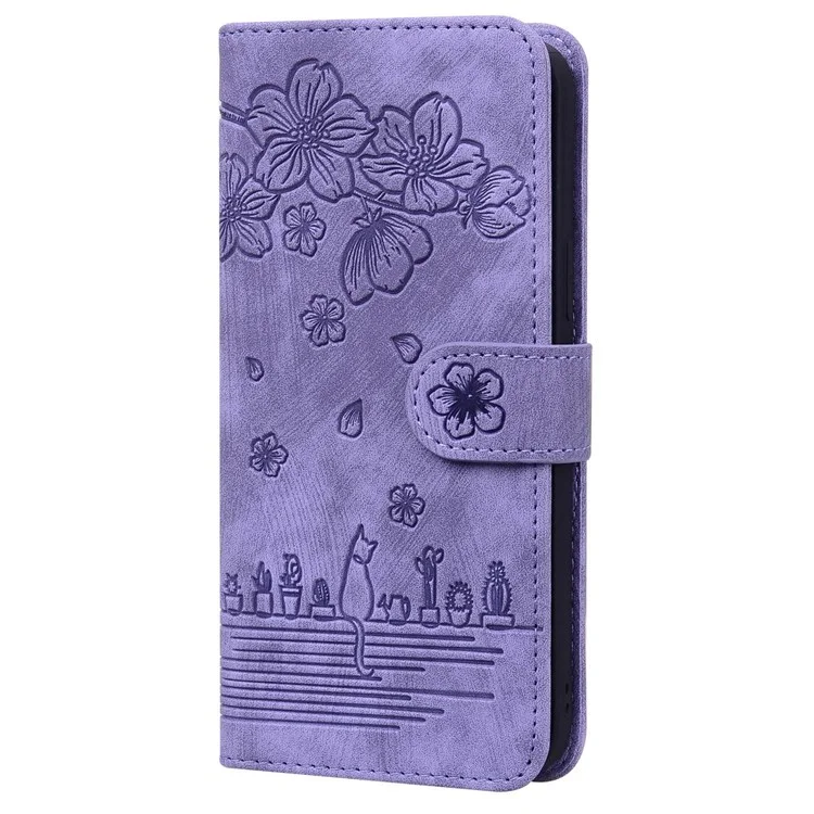 Para Xiaomi 12 5G/12X 5G/12S 5G Cherry Blossom Cat Imprinted Wallet Style Leather Adjustable Stand Design Cell Phone Case with Strap - Morado