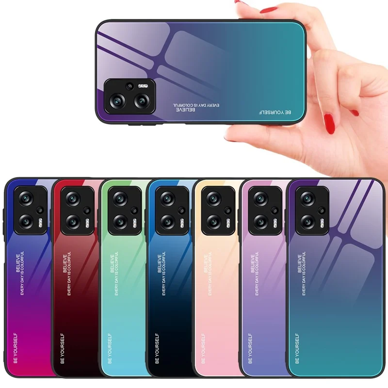 Voor Xiaomi Redmi Note 11T Pro 5G / Note 11T Pro+ 5G / Poco X4 GT 5G / Redmi K50i 5G Krasbestendige Anti-val Telefoonhoes met Verlopen Kleurpatroon van Gehard Glas en Zachte TPU Rand - Paars / Blauw