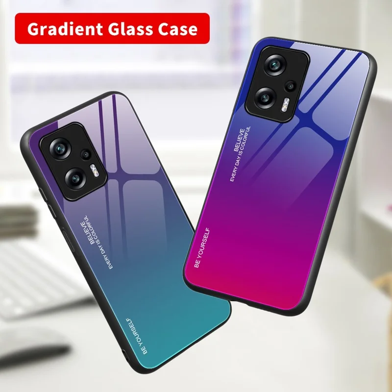 Voor Xiaomi Redmi Note 11T Pro 5G / Note 11T Pro+ 5G / Poco X4 GT 5G / Redmi K50i 5G Krasbestendige Anti-val Telefoonhoes met Verlopen Kleurpatroon van Gehard Glas en Zachte TPU Rand - Paars / Blauw