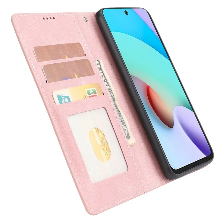 Для Xiaomi Redmi Примечание 11 4G (MediaTek)/Redmi 10 4G (2021)/Redmi 10 2022 4G/10 Prime Shock-reseper Cheade Case Поддерживающая Кошелька Магнитная Крышка с Помощью Запястья Ремешком - Розовый