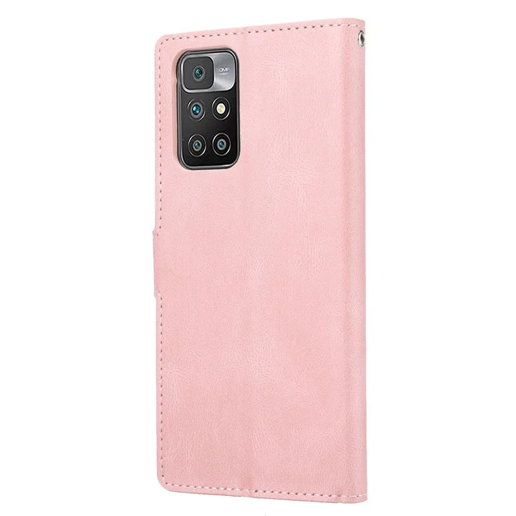 For Xiaomi Redmi Note 11 4G (MediaTek)/Redmi 10 4G (2021)/Redmi 10 2022 4G/10 Prime Shockproof Flip Leather Case Supporting Stand Wallet Magnetic Anti-fall Cover with Wrist Strap - Pink