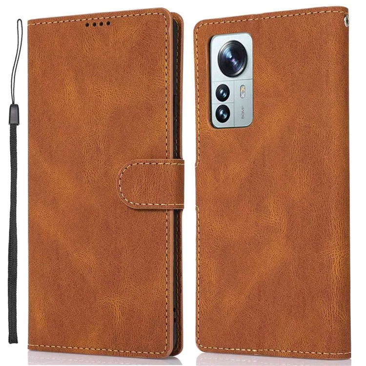 For Xiaomi 12 5G/12X 5G/12S 5G Anti-fall Phone Cover Supporting Stand PU Leather Wallet Case Magnetic Shockproof Cover with Wrist Strap - Brown