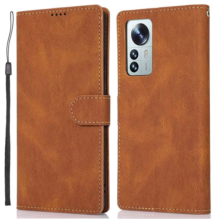 For Xiaomi 12 Pro 5G/12S Pro 5G/12 Pro (Dimensity) 5G Shock Resistant Flip Leather Wallet Case Magnetic Anti-scratch Cover Stand with Wrist Strap - Brown