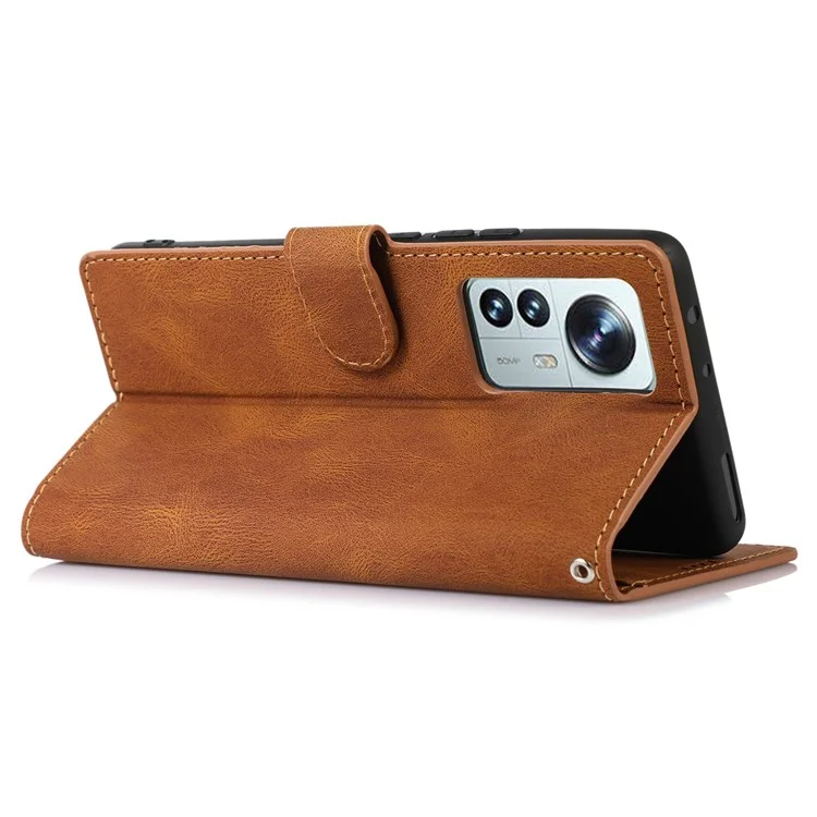 For Xiaomi 12 Pro 5G/12S Pro 5G/12 Pro (Dimensity) 5G Shock Resistant Flip Leather Wallet Case Magnetic Anti-scratch Cover Stand with Wrist Strap - Brown