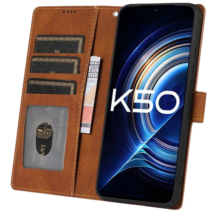 For Xiaomi Redmi K50/K50 Pro Anti-drop Full Protection Flip Leather Wallet Case Magnetic Anti-scratch Cover Stand with Wrist Strap - Brown