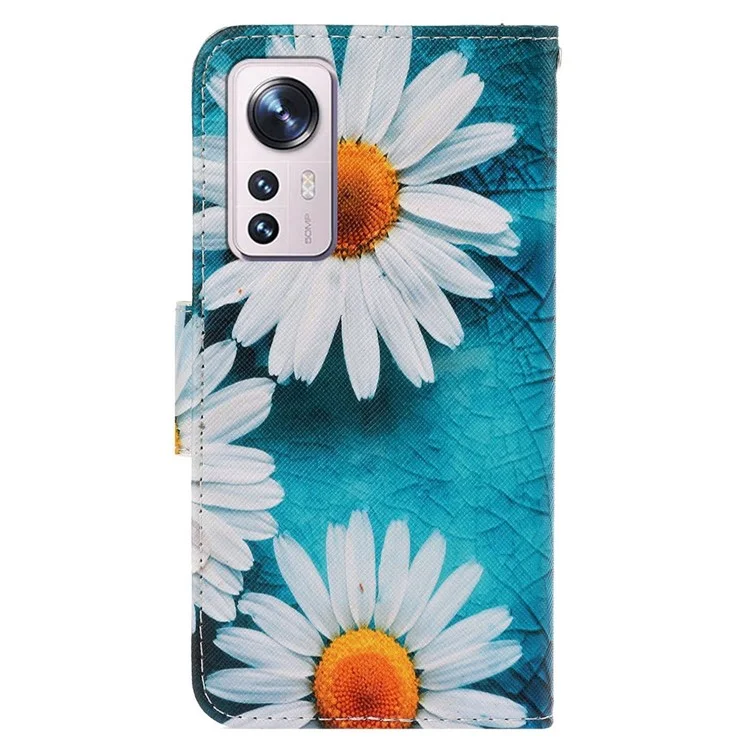 Custodia per telefono in pelle PU con stampa a motivo per Xiaomi 12 Lite 5G, Custodia a portafoglio con supporto e cinturino - Crisantemo