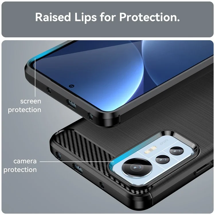 Pour Xiaomi 12 Lite 5G Étui de protection TPU flexible anti-rayures Texture en fibre de carbone Surface brossée Anti-traces de doigts Coque antichoc - Noir