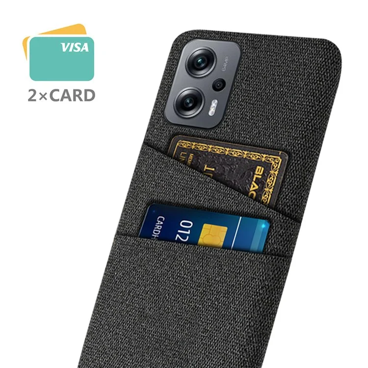 Pour Xiaomi Redmi Note 11T Pro 5G / Note 11T Pro+ 5G / Note 12T Pro 5G / Poco X4 GT 5G / Redmi K50i 5G Étui de téléphone anti-rayures avec texture en tissu et deux fentes pour cartes Coque de téléphone résistante - Noir