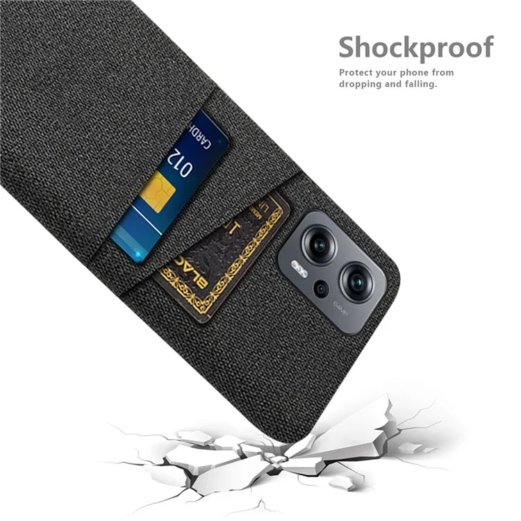 Pour Xiaomi Redmi Note 11T Pro 5G / Note 11T Pro+ 5G / Note 12T Pro 5G / Poco X4 GT 5G / Redmi K50i 5G Étui de téléphone anti-rayures avec texture en tissu et deux fentes pour cartes Coque de téléphone résistante - Noir