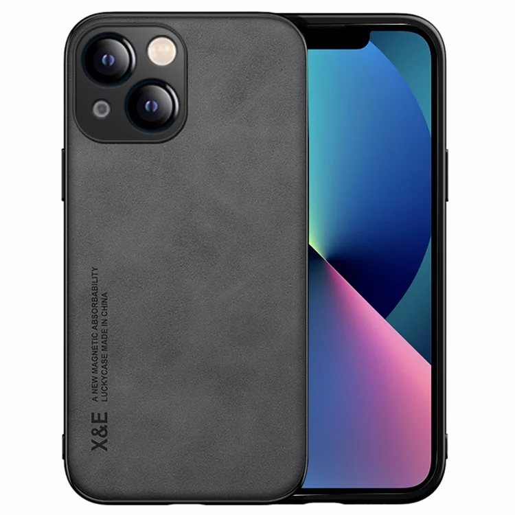 X&E For iPhone 13 mini 5.4 inch Skin-touch Phone Cover Leather Coated TPU Case with Built-in Magnetic Holder Metal Sheet - Dark Grey