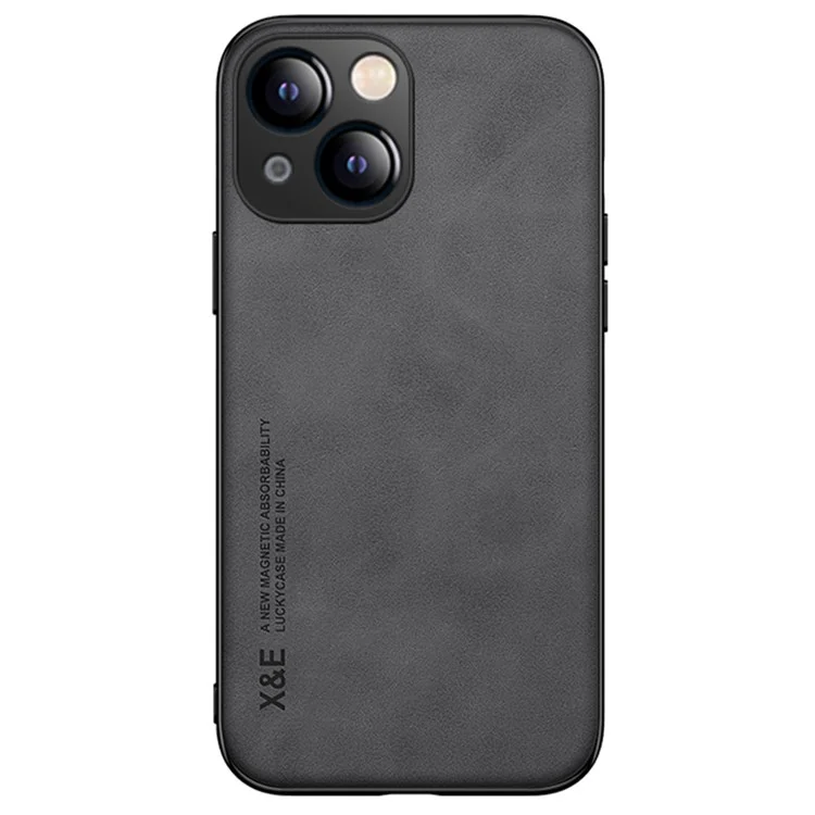 X&E For iPhone 13 mini 5.4 inch Skin-touch Phone Cover Leather Coated TPU Case with Built-in Magnetic Holder Metal Sheet - Dark Grey