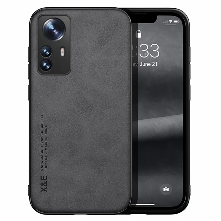 X&E For Xiaomi 12 Pro 5G / 12S Pro 5G / 12 Pro (Dimensity) 5G Leather Coated TPU Case Car Mount Metal Sheet Skin-touch Phone Protective Cover - Dark Grey