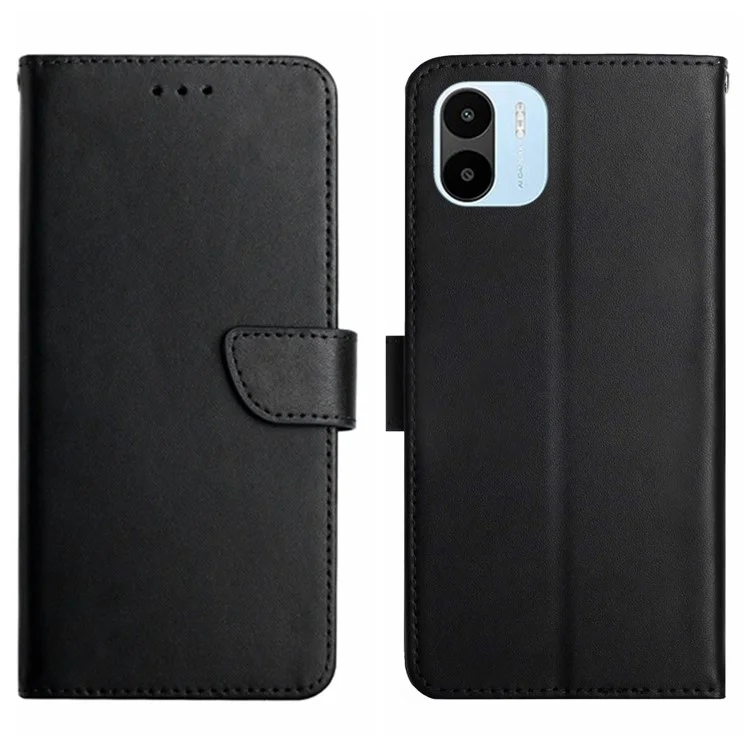 Estuche de teléfono con textura de Nappa HT02 para Xiaomi Redmi A1 4G, Funda de cartera de cuero genuino de protección total - Negro 