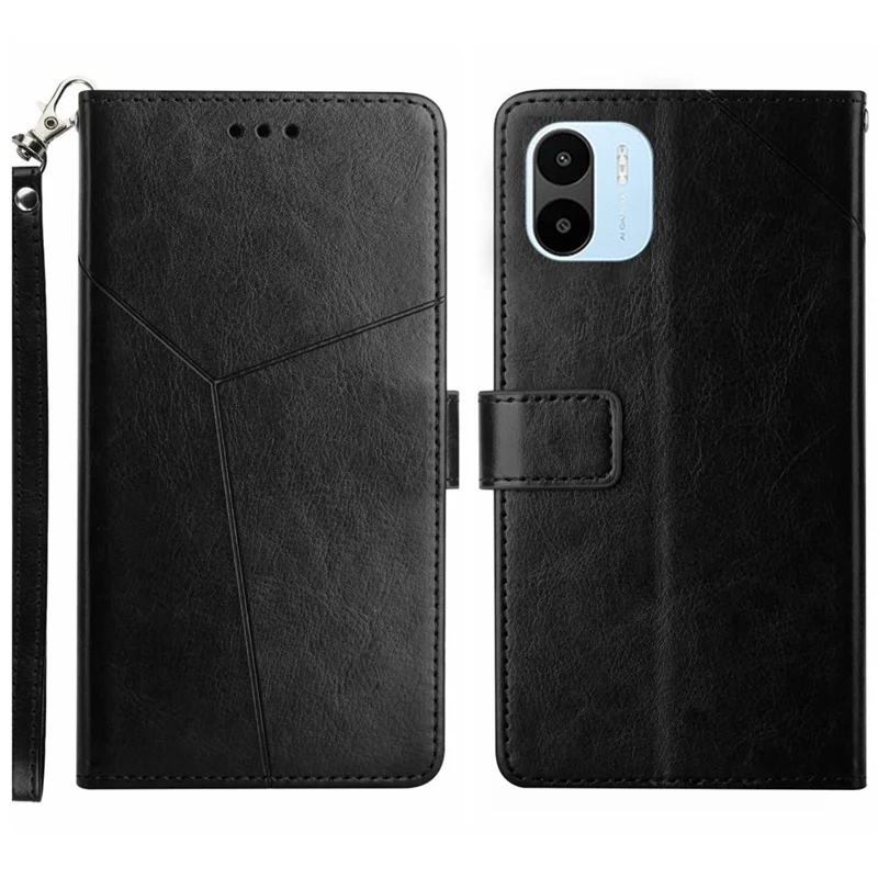 Für Xiaomi Redmi A1 4G HT01 PU Leder Eingeprägter Y-förmige Leitungen Fall Faltbarer Stand Wallet Telefonabdeckung Mit Riemen - Schwarz