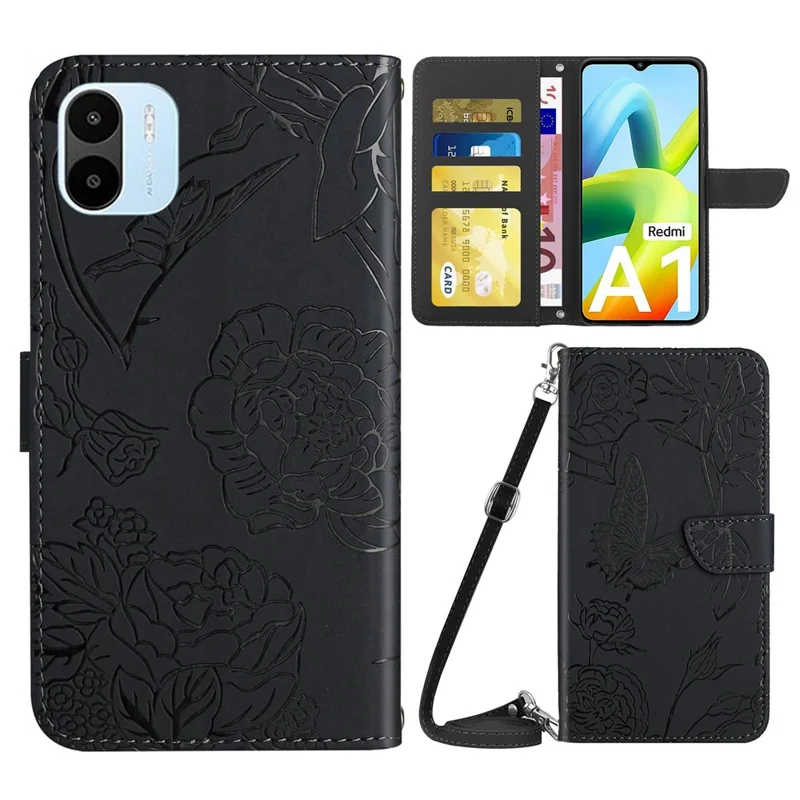 Butterfly Flowers Imprinted Wallet Case For Xiaomi Redmi A1 4G, Skin-friendly PU Leather Anti-drop Phone Cover Stand with Shoulder Strap - Black