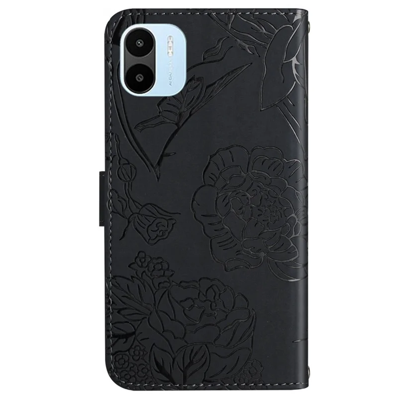 Butterfly Flowers Imprinted Wallet Case For Xiaomi Redmi A1 4G, Skin-friendly PU Leather Anti-drop Phone Cover Stand with Shoulder Strap - Black